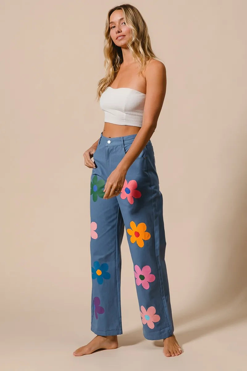 Asiatic Flower Print Straight Legs Pants
