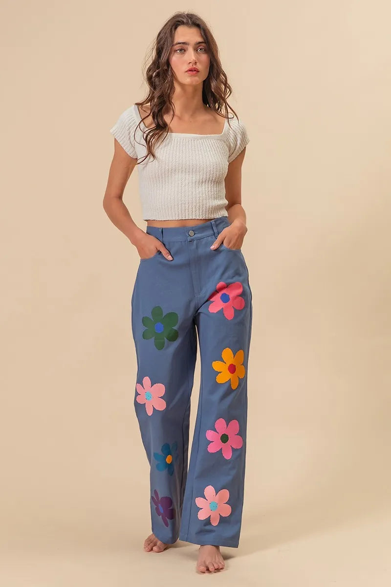 Asiatic Flower Print Straight Legs Pants