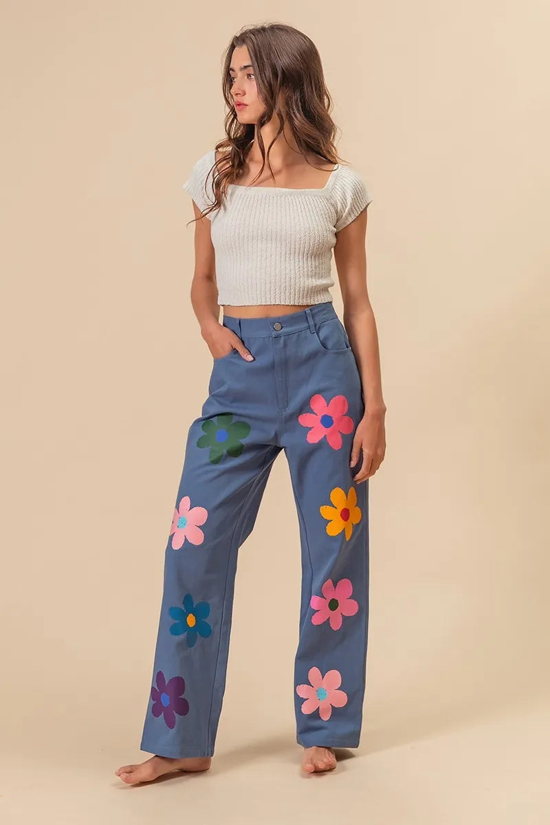 Asiatic Flower Print Straight Legs Pants