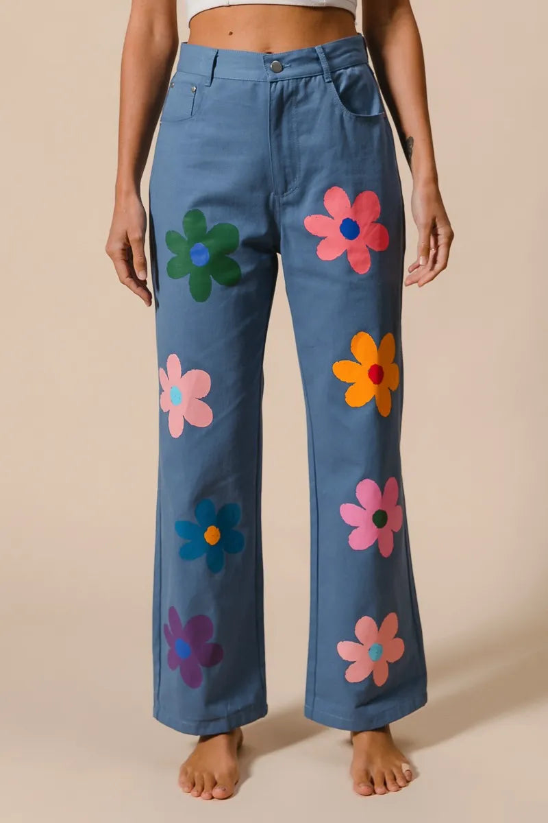 Asiatic Flower Print Straight Legs Pants