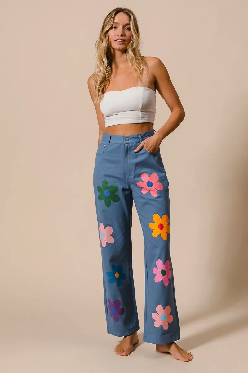 Asiatic Flower Print Straight Legs Pants