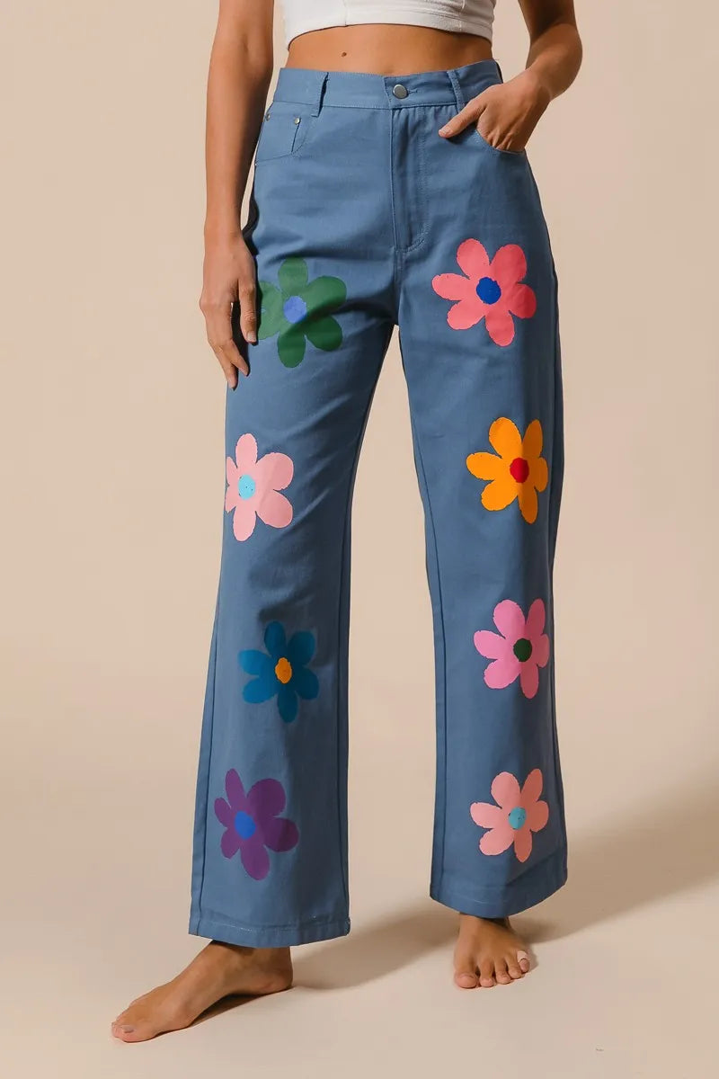 Asiatic Flower Print Straight Legs Pants