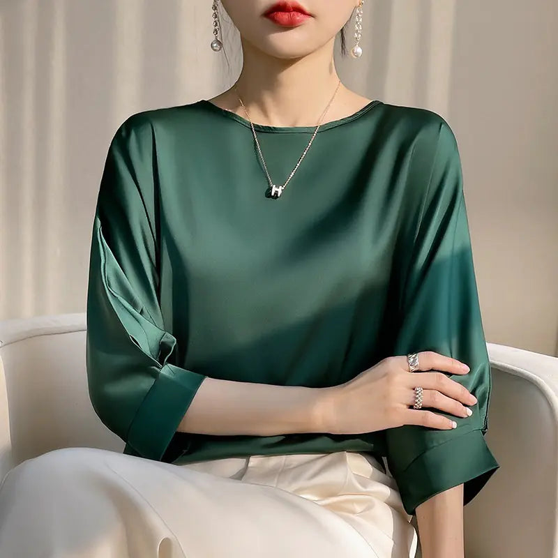 2023 Women's Mid Sleeve Satin Blouse - Plus Size