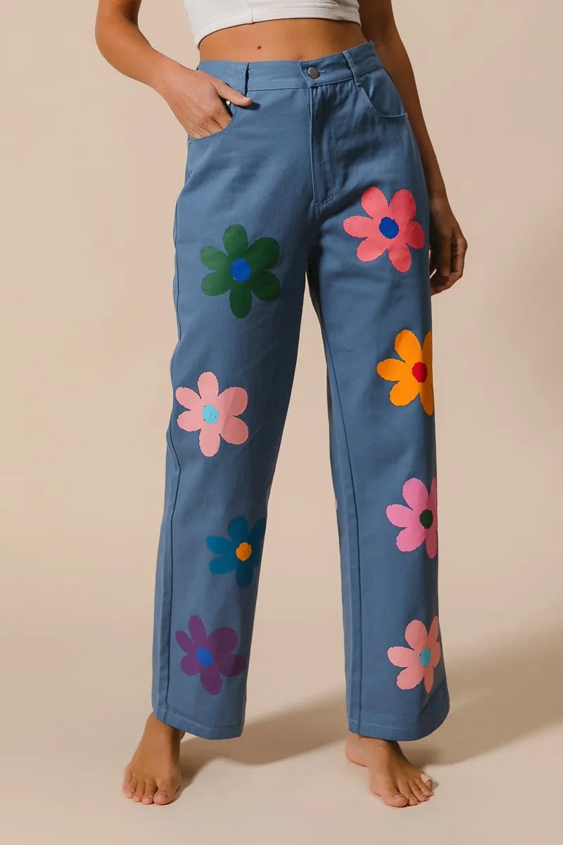 Asiatic Flower Print Straight Legs Pants