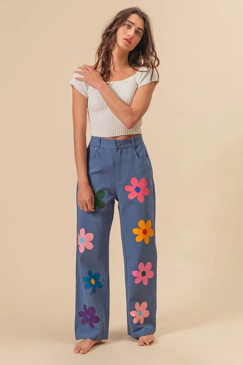 Asiatic Flower Print Straight Legs Pants