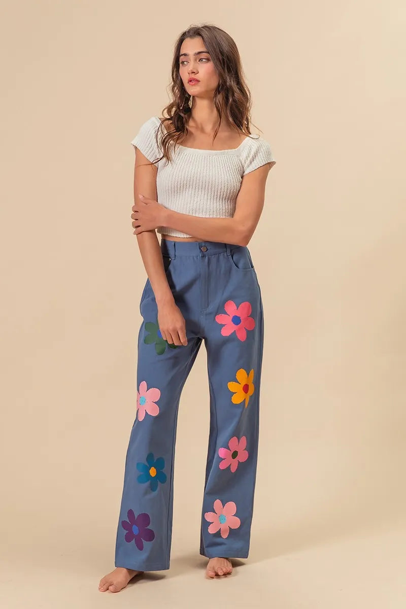 Asiatic Flower Print Straight Legs Pants