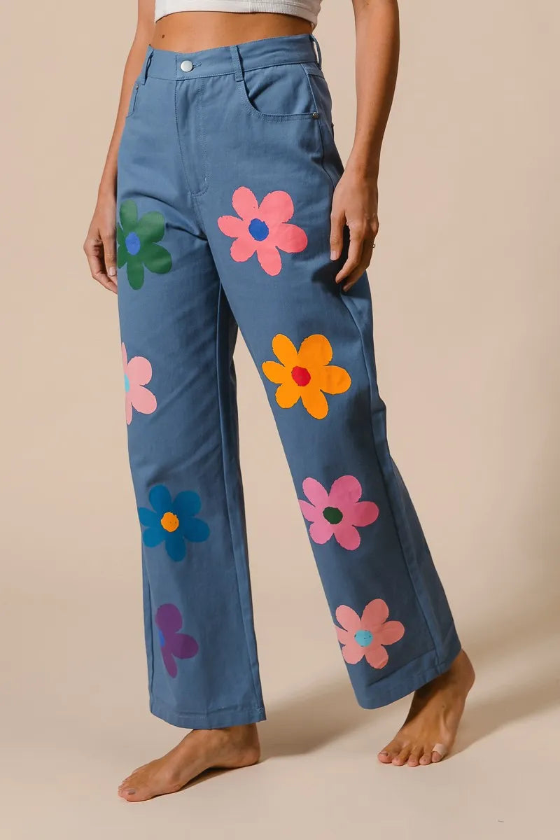 Asiatic Flower Print Straight Legs Pants