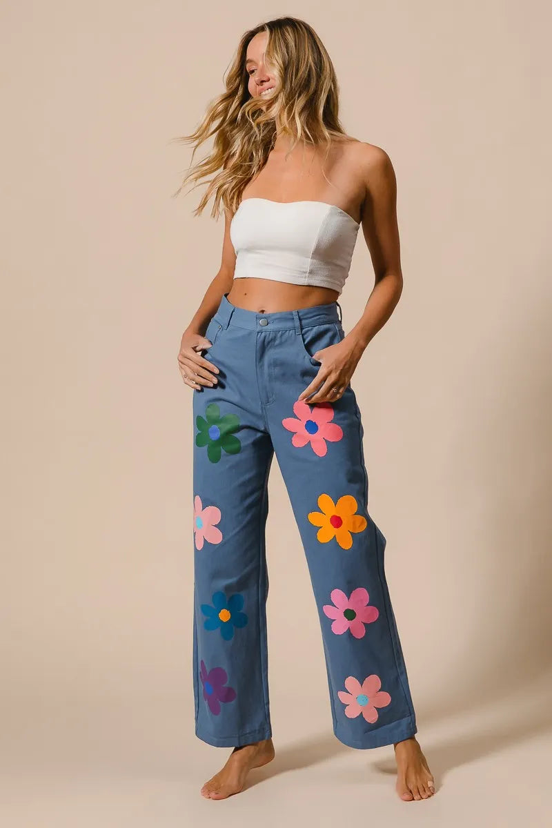 Asiatic Flower Print Straight Legs Pants