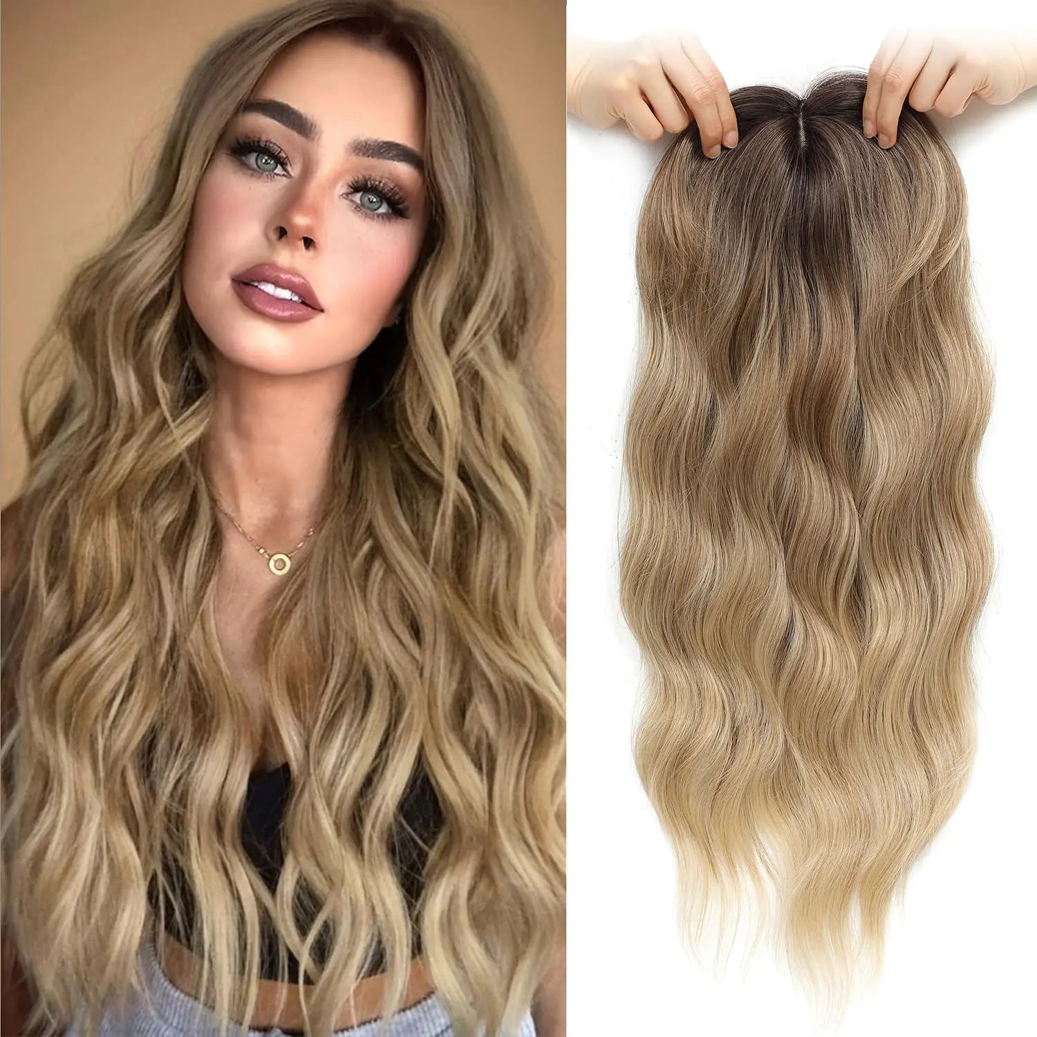 Wavy Hair Topper Hair Toppers for Women 20inch Brown Toppers Hair Pieces for Women with Thinning Hair Ombre Highlight Synthetic Wig Clip In Hair Topper Wiglets with Fringe Bang Add Hair Volume