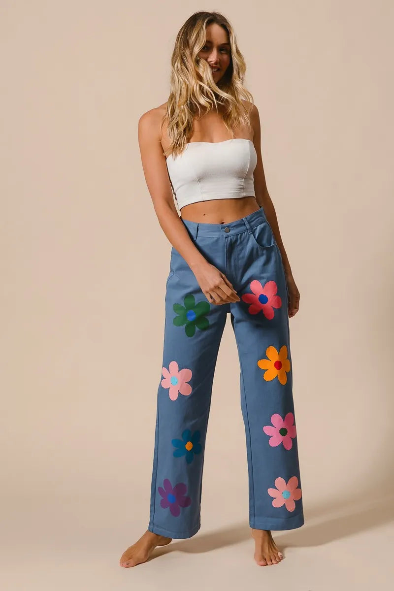 Asiatic Flower Print Straight Legs Pants