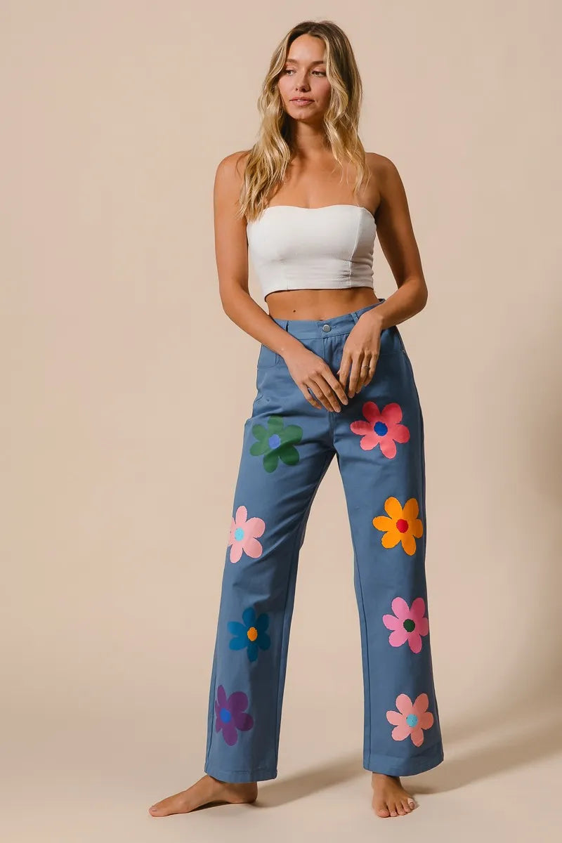 Asiatic Flower Print Straight Legs Pants