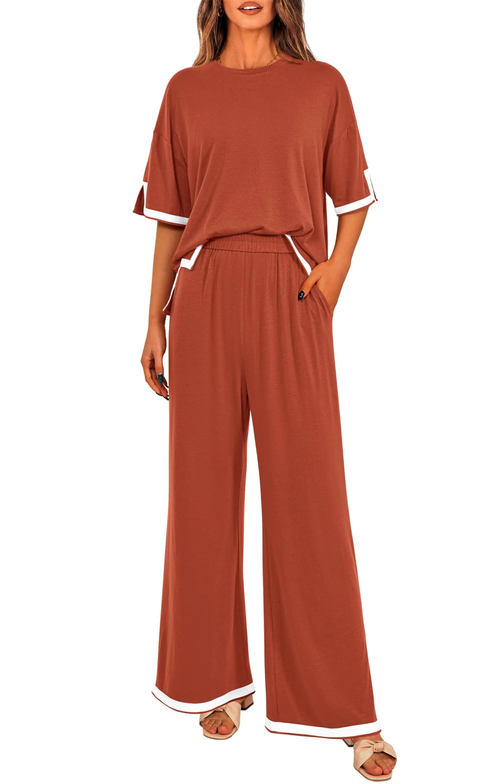Womens Summer 2 Piece Outfits Crewneck Short Sleeve Tops Wide Leg Long Pants Matching Lounge Sets Tracksuit(Hot PinkMedium)