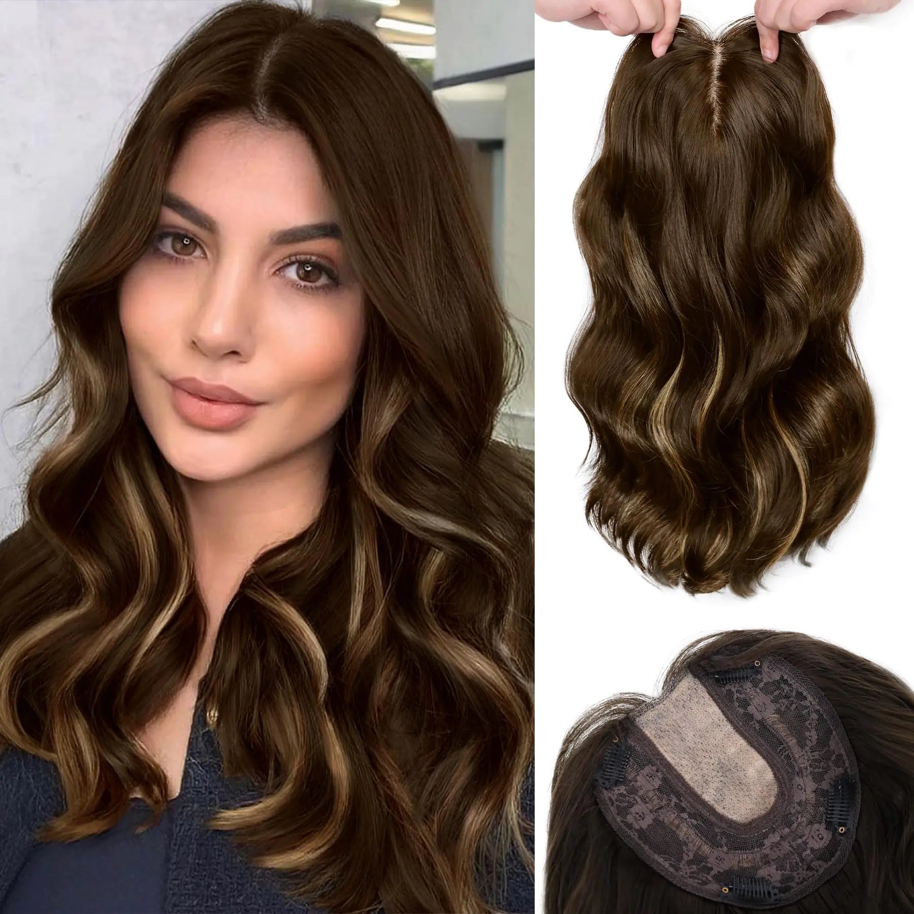 Hair Toppers for Women with Thinning Hair 14inch Wavy Brown Hair Toppers Hairpieces for Women Synthetic Clip In Hair Topper with Bangs Womens Wiglets Add Hair Volume(Ash Brown Mix Blonde)