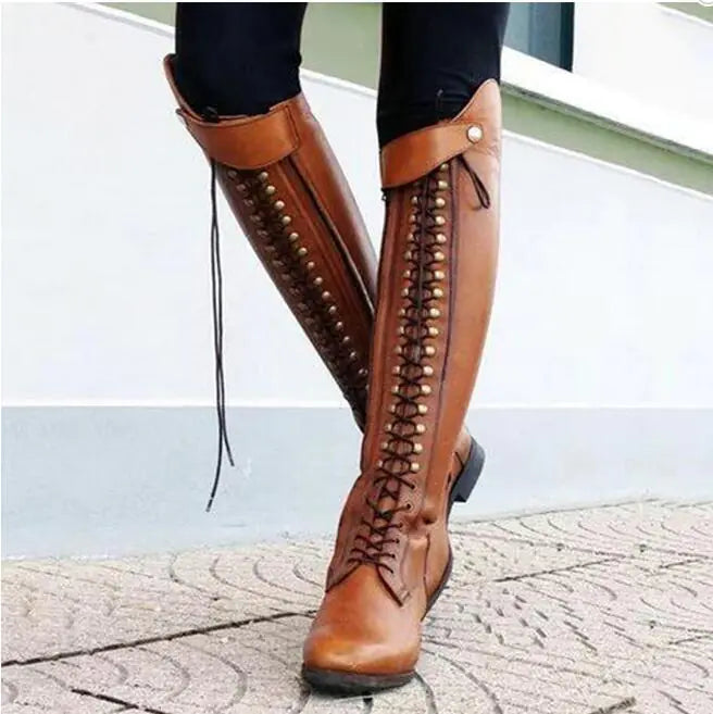 Knee-High Chunky Heel Women's Boots with Studs (Size 40-43)