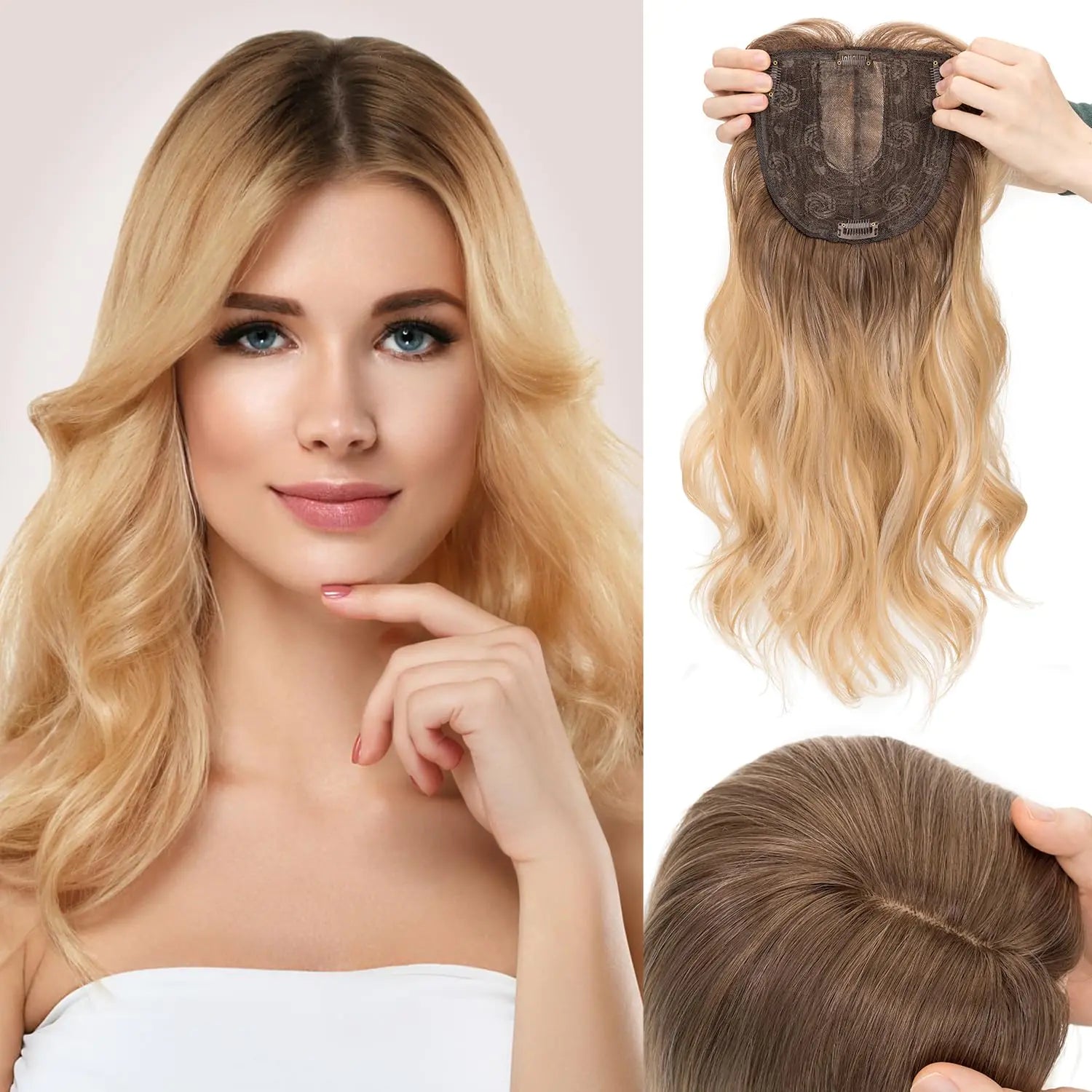 Hair Toppers for Women Long Wavy Hair Toppers for Women 18 inch Toppers Hair Pieces for Women Mixed Blonde with Dark Root Clip in Hair Topper with Bang Synthetic Wig Toppers