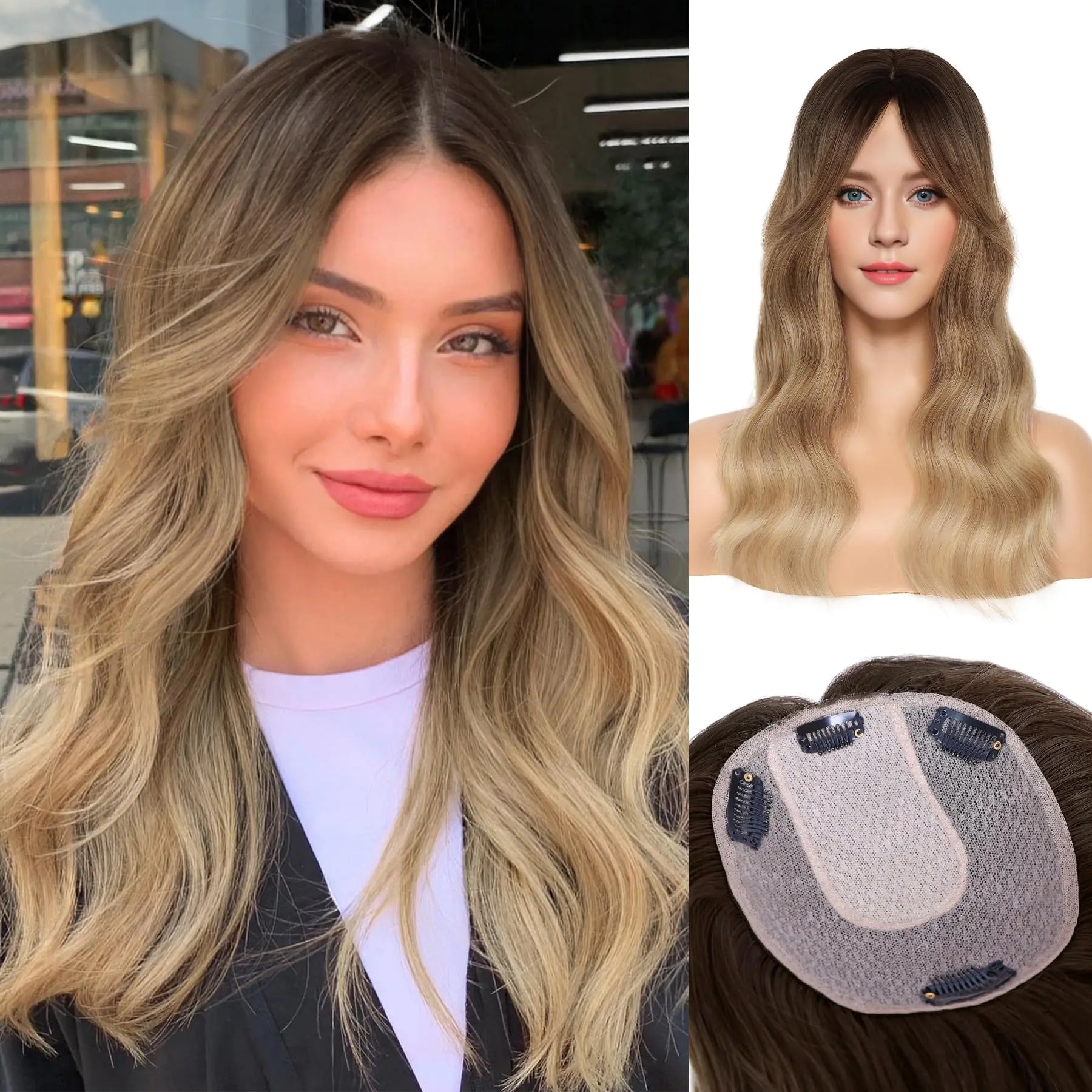 Hair Toppers for Women with Thinning Hair 18 Inch Ombre Blonde Wavy Toppers Hair Pieces for Women 6 * 6 Inch Large Base Synthetic Hair Topper with Bangs Clip In Hair Toppers