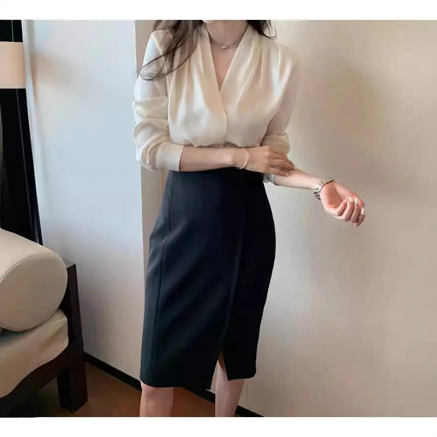 White V-Neck Satin Blouse - French Style for Work and Play