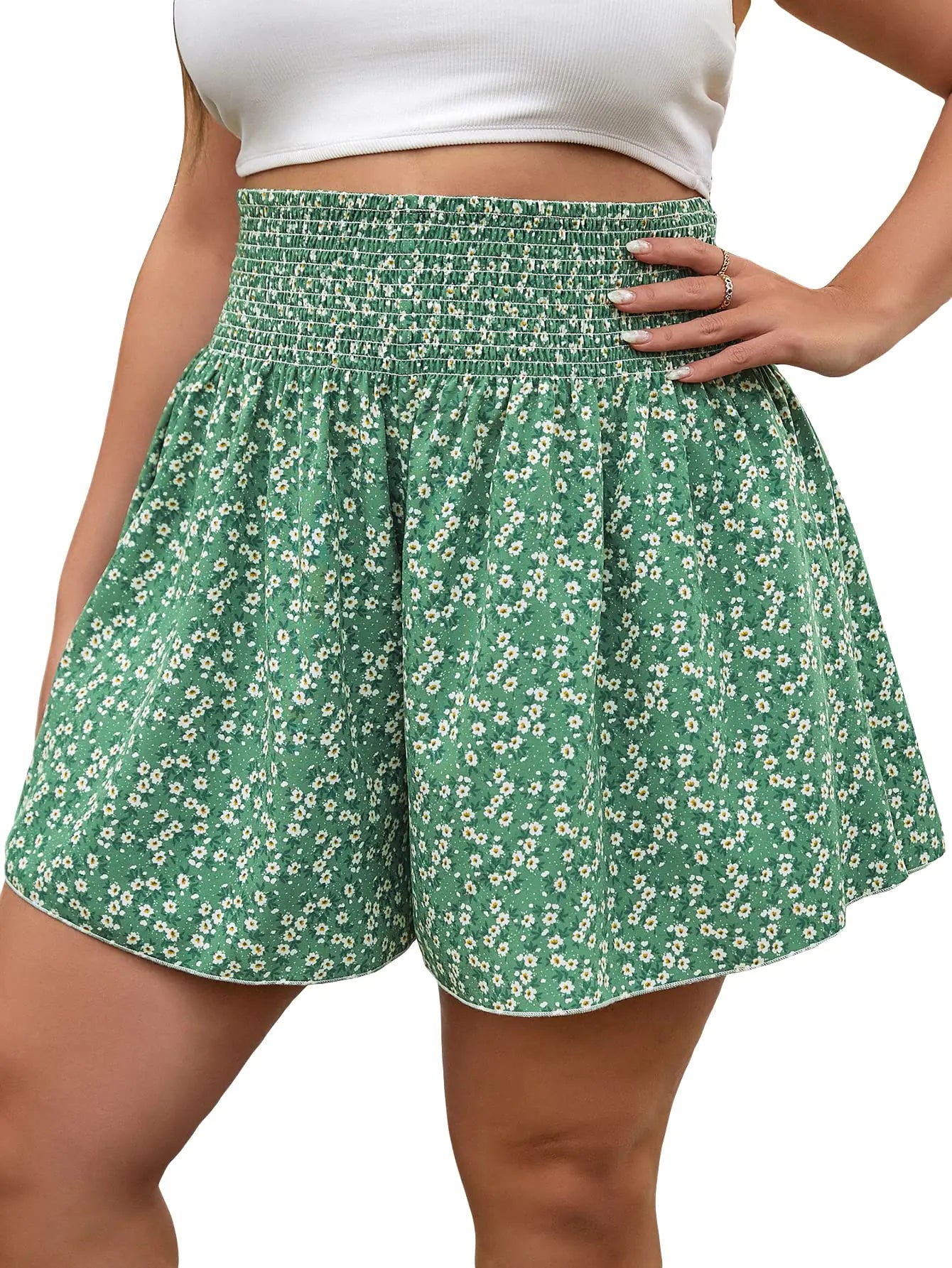 Women's Plus Boho Floral Wide-Leg Shorts - Green 4XL