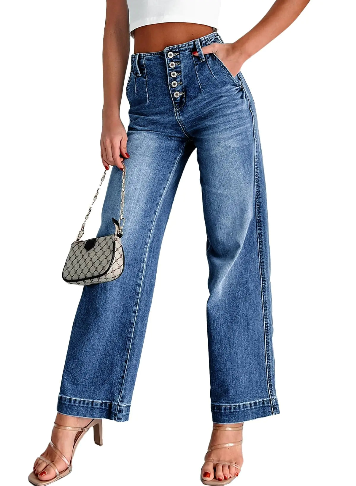 Sidefeel Womens High Waisted Jeans Button Fly Stretchy Straight Wide Leg Denim Pants Dark Blue Size 8