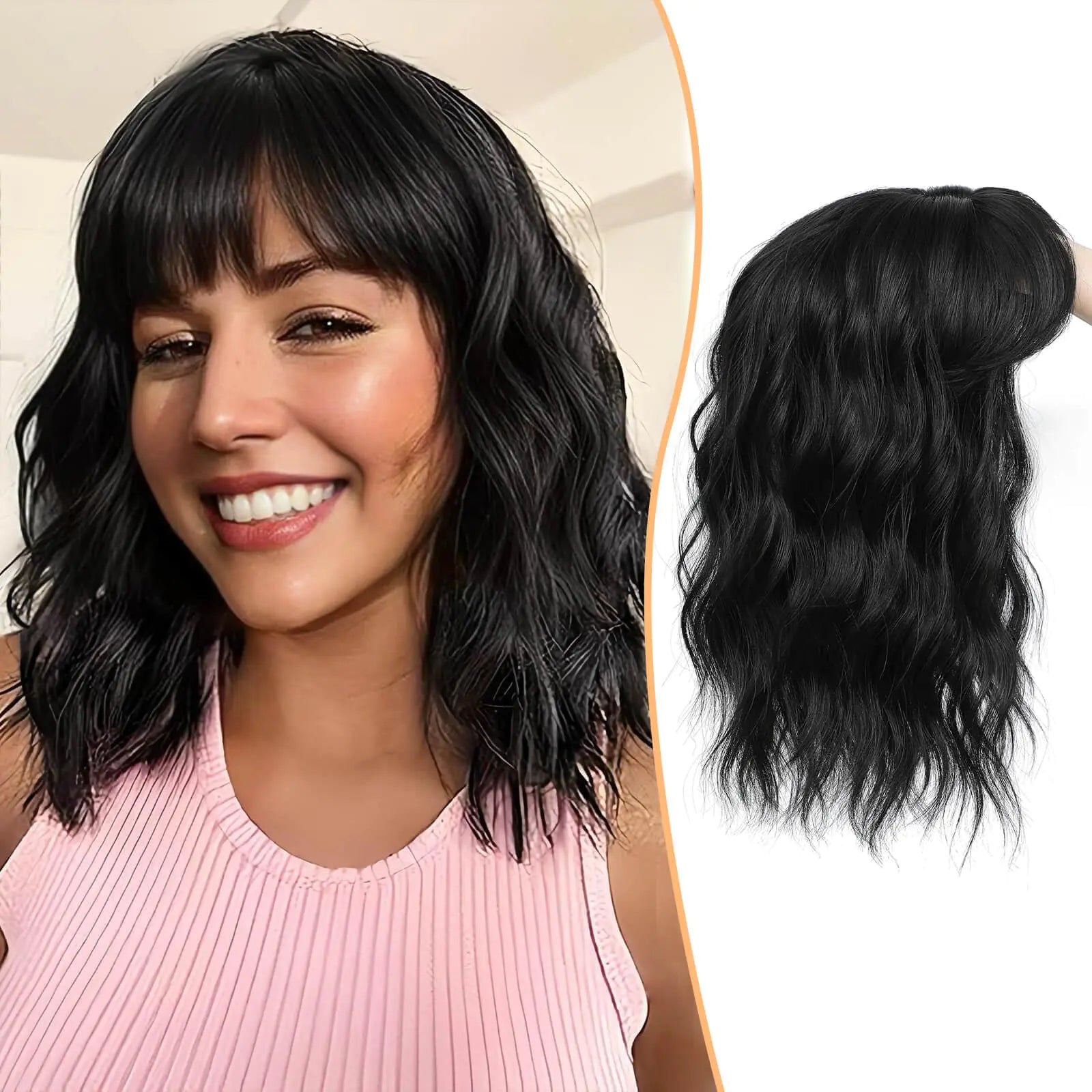 M's Hair Toppers for Women 14inch Black Brown Wavy Hair Toppers for Women with Thinning Hair Synthetic Wiglets Hair Topper with Bangs Clip in Hair Pieces For Women