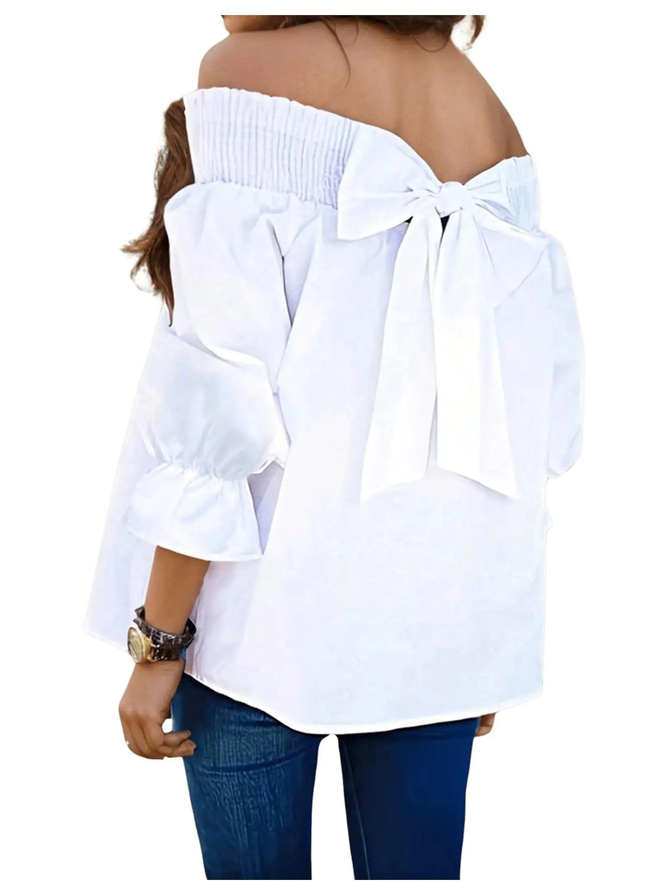 Women's Shirred Blouse Off Shoulder Bow Knot 3/4 Sleeve Ruffle Shirt Tops White Small