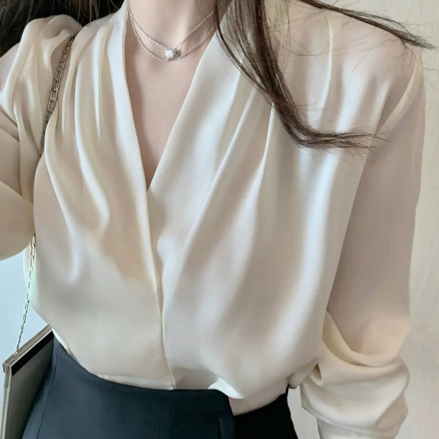 White V-Neck Satin Blouse - French Style for Work and Play