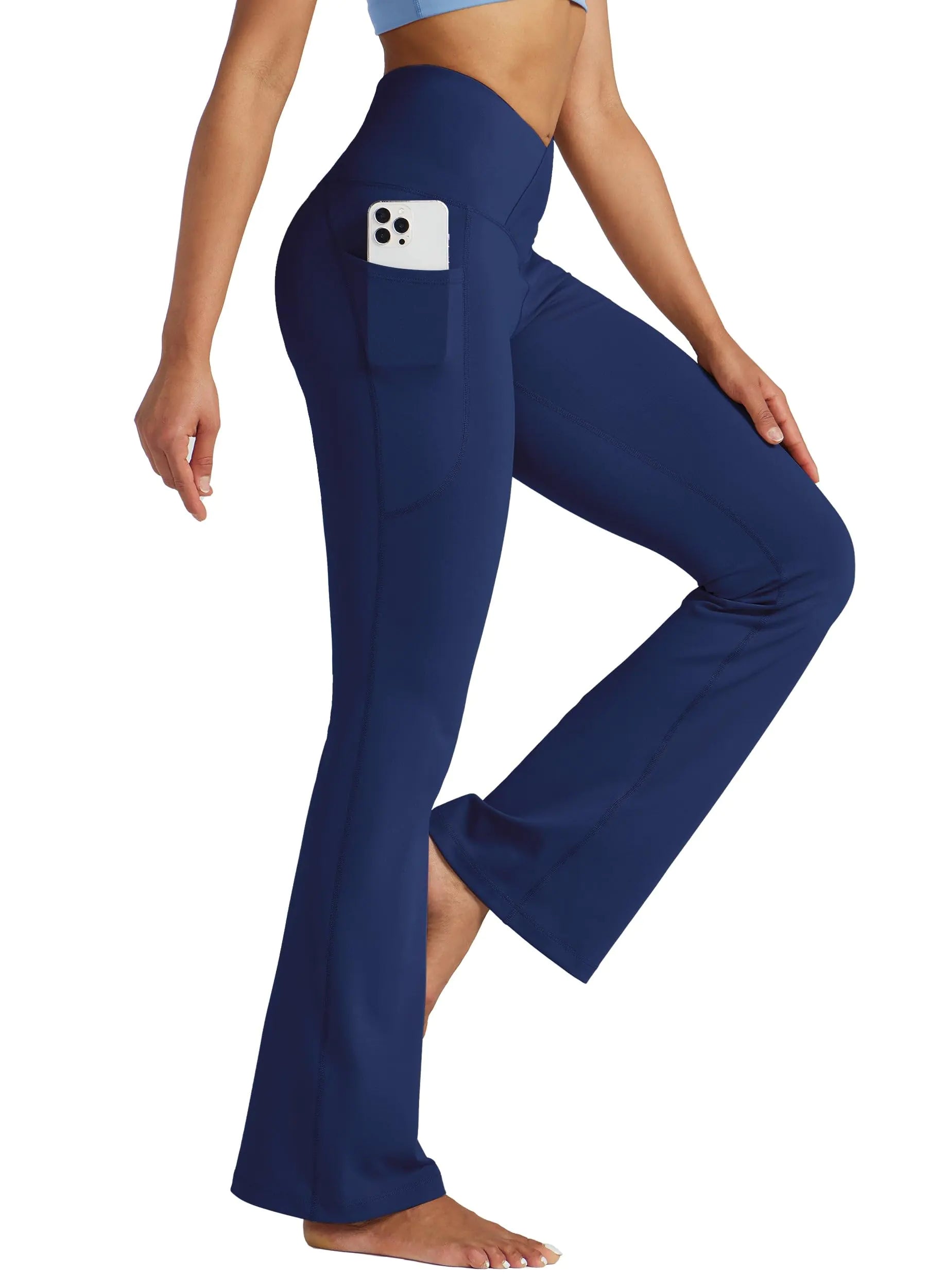 Willit Womens Flare Leggings Crossover Yoga Pants High Waist Bootcut Workout Leggings with Pockets 29" Navy Blue 3XL