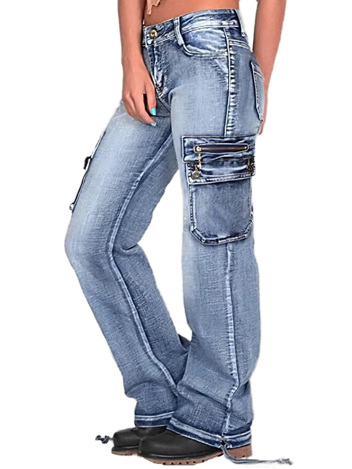 Flamingals Womens Cargo Jeans for Women Flap Pocket Drawstring Hem Low Rise Cargo Pants Mid Blue M