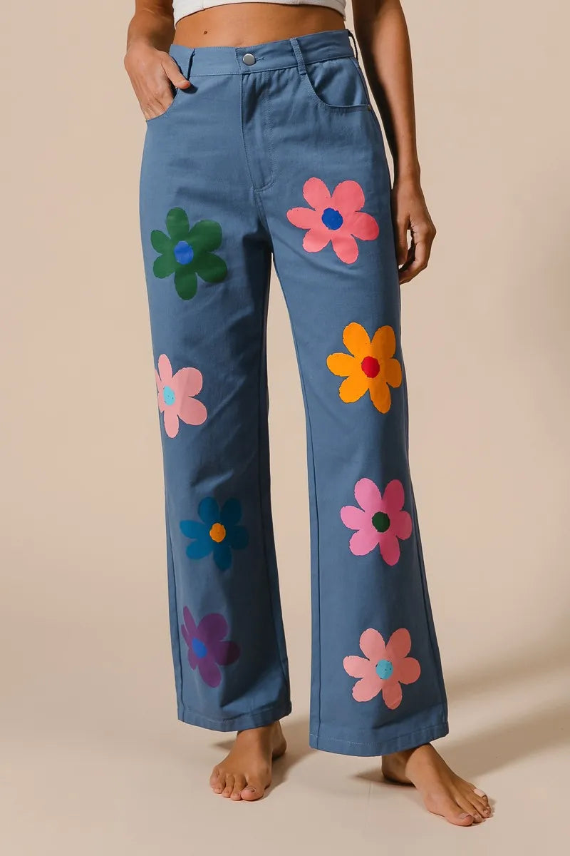 Asiatic Flower Print Straight Legs Pants