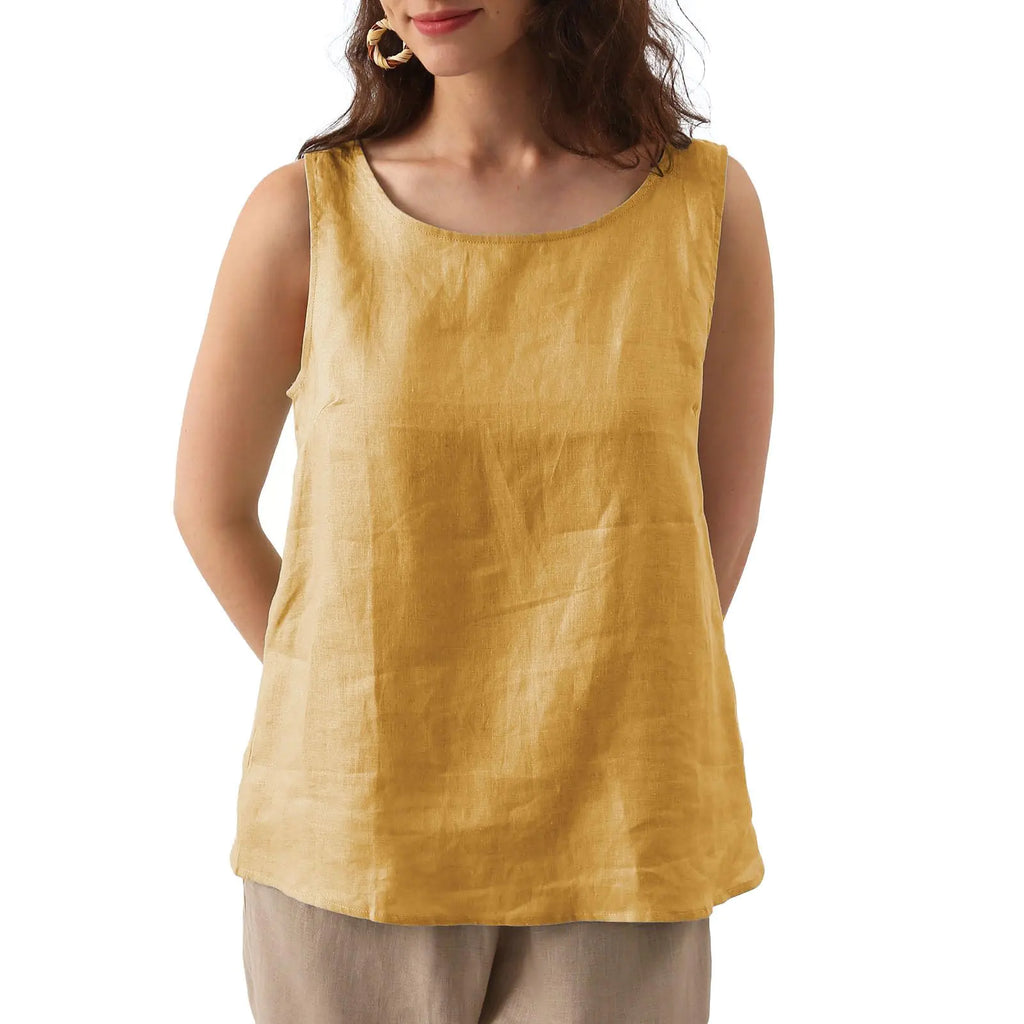 Natural Linen Sleeveless Tank Tops Basic Summer Casual Crew-neck Blouse Yellow Small