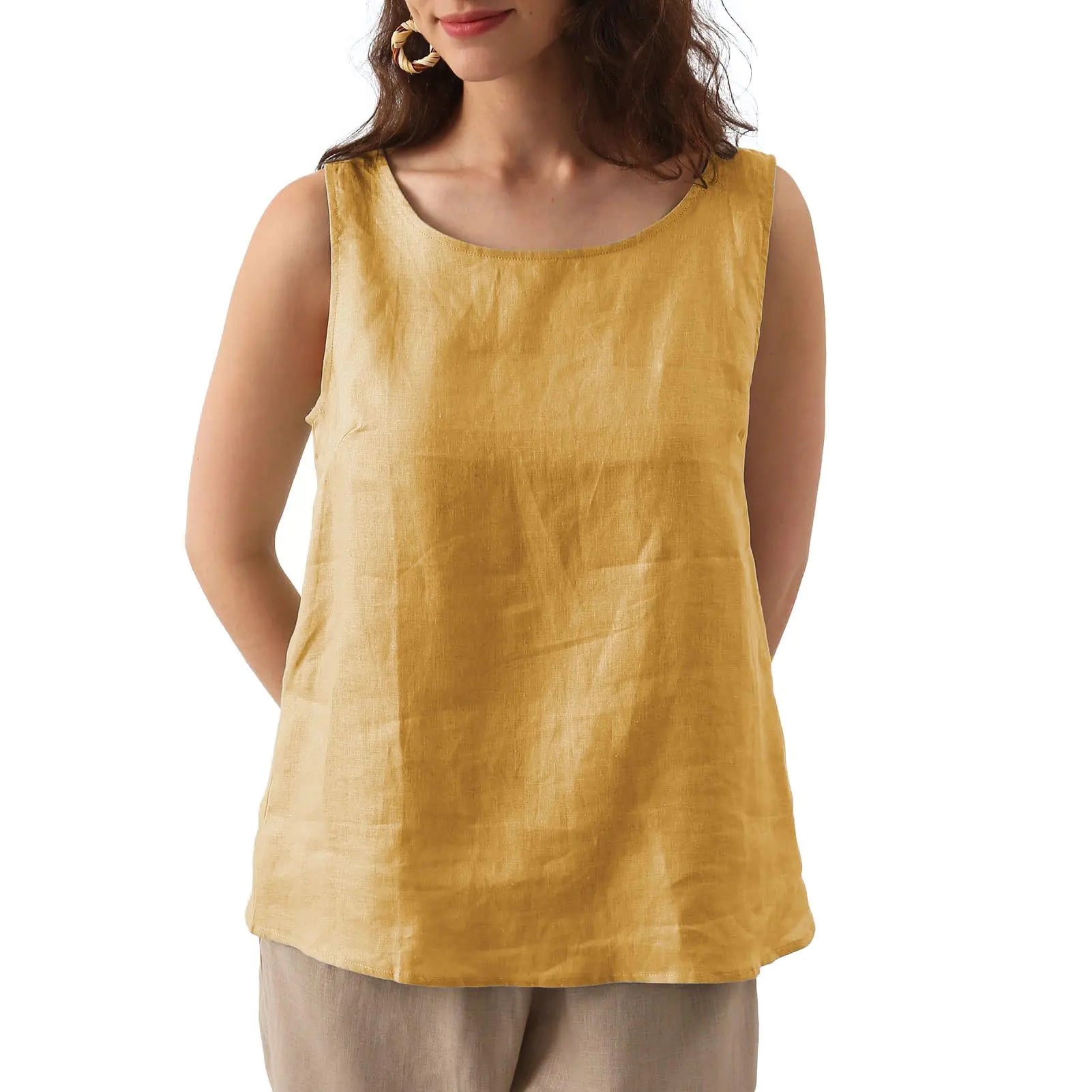 Natural Linen Sleeveless Tank Tops Basic Summer Casual Crew-neck Blouse Yellow Small