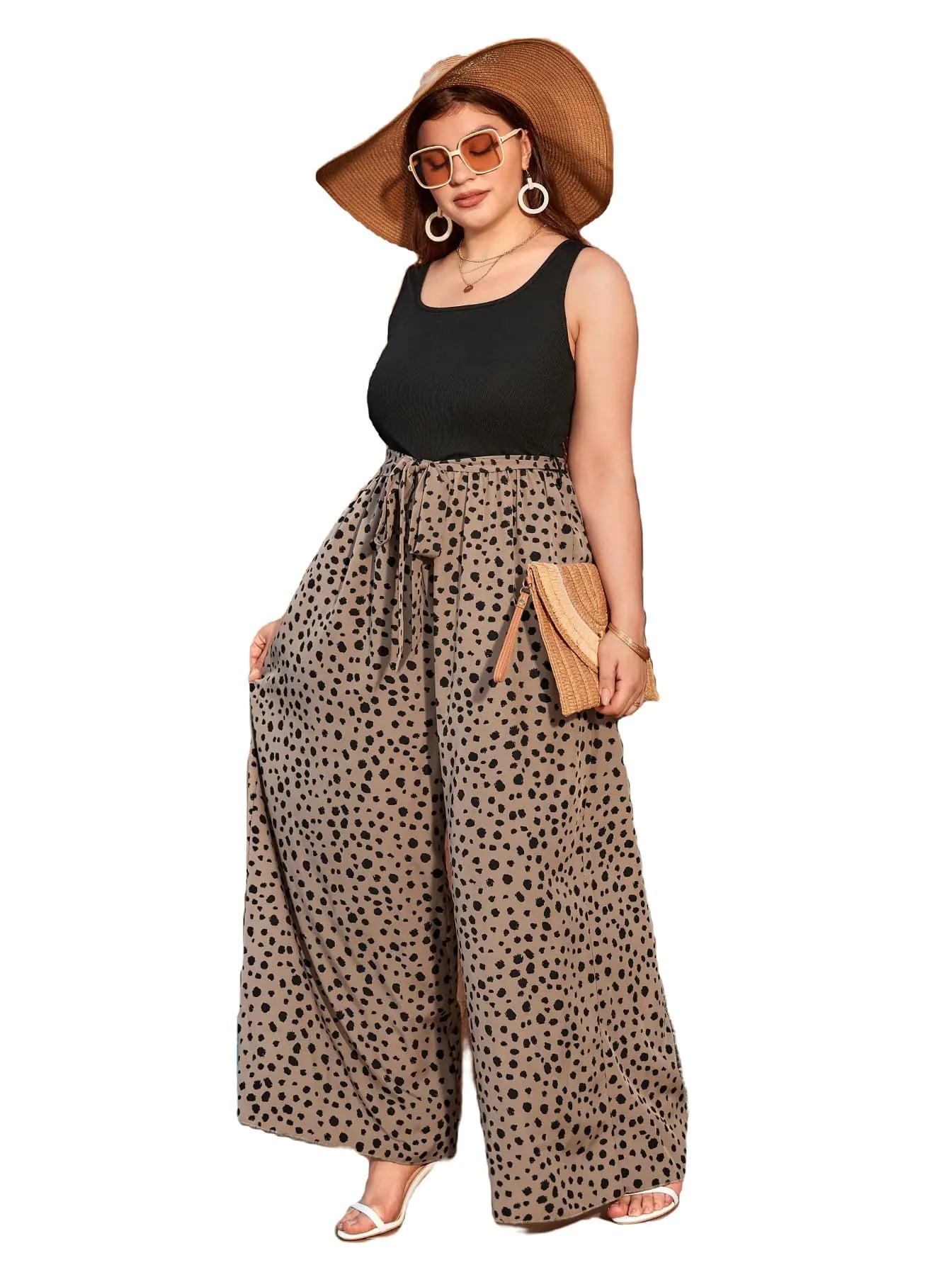 Womens Plus Size Print Belted Jumpsuits Casual Summer Sleeveless Square Neck Wide Leg Tank Romper Long Pants