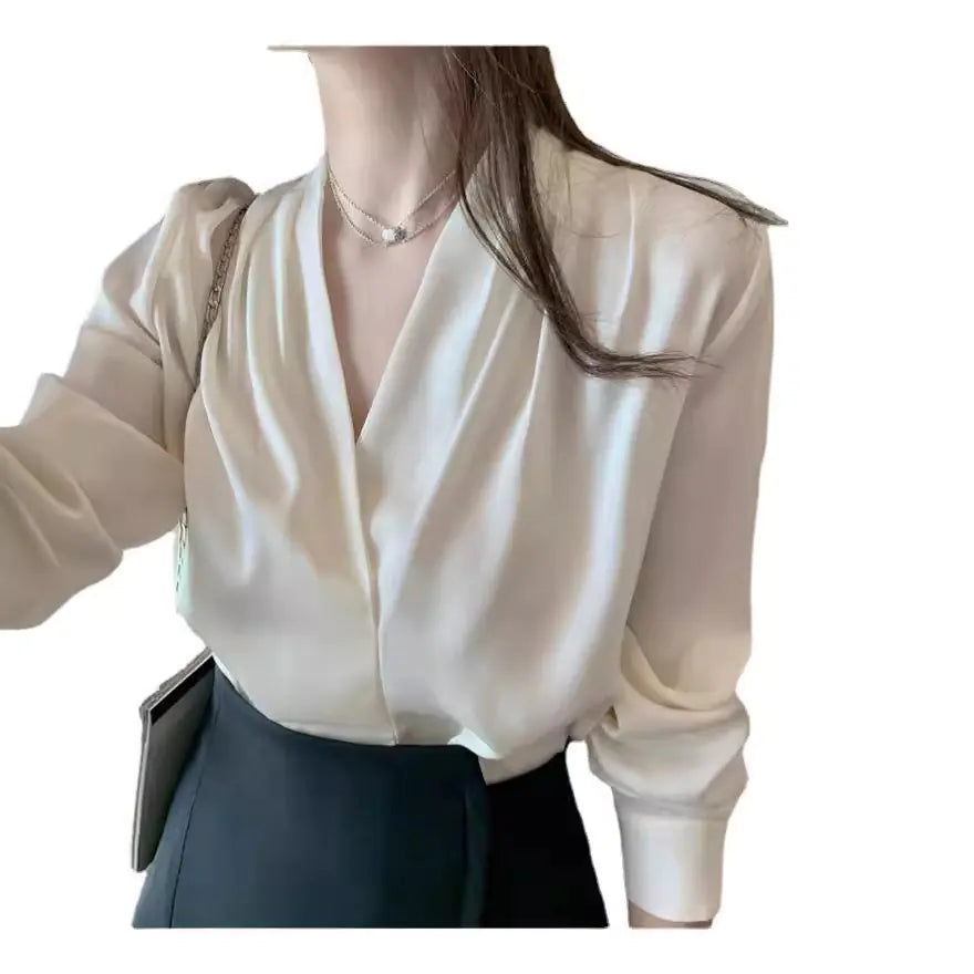White V-Neck Satin Blouse - French Style for Work and Play