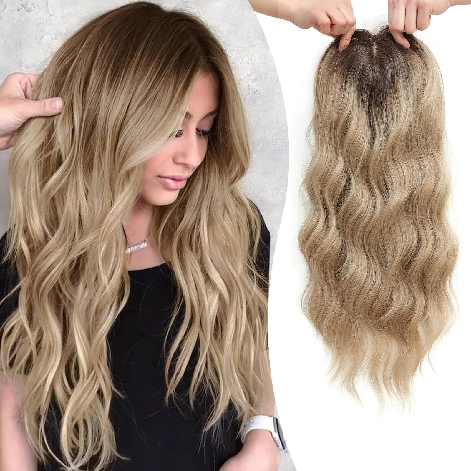 Hair Toppers for Women with Thinning Hair 20inch Long Wavy Hair Toppers with 6.5"x6.5" Large Base Synthetic Hair Topper with Bangs Clip in Hair Topper Wiglets Ombre Dark Blonde