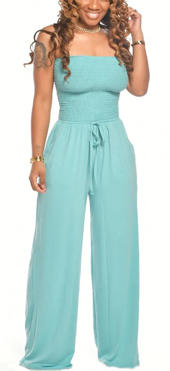 Womens Off Shoulder Casual Jumpsuit Bandeau Strapless Wide Leg Long Pants Loose Tube Top Romper with Pockets