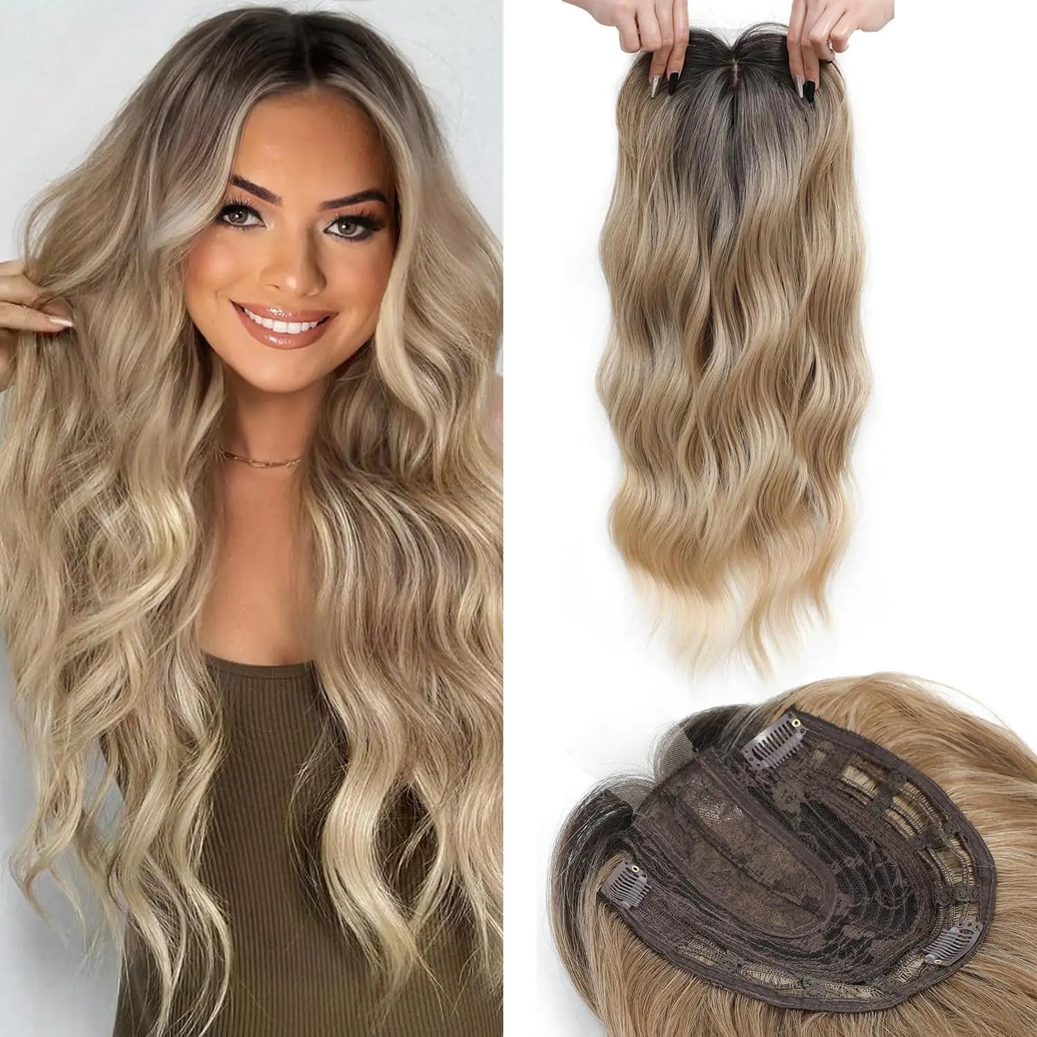 Fine Plus 20inch Hair Topper 6.8"X6.8" Hair Toppers for Women with Thinning Hair Synthetic Wavy Toppers Hair Pieces for Women Large Base Wiglets Ladies Clip in Hair Topper-Ombre Dark Blonde