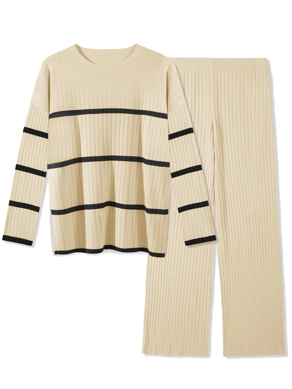 Fisoew Womens Striped 2 Piece Outfits Color Block Oversized Knit Sweater and Wide Leg Pants Lounge Sets Tracksuits