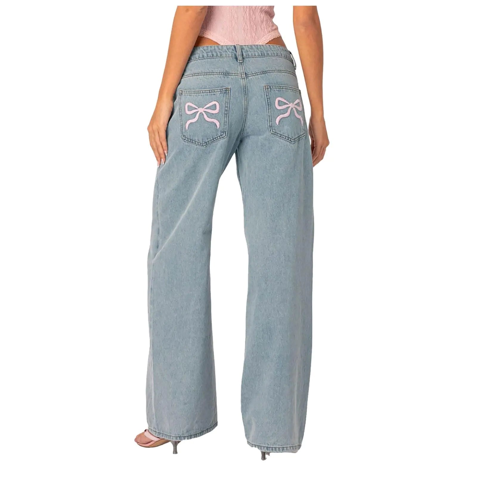 Womens Bow Pocket Jeans High Waist Relaxed Straight Wide Leg Casual Long Pants Trousers for Women Denim
