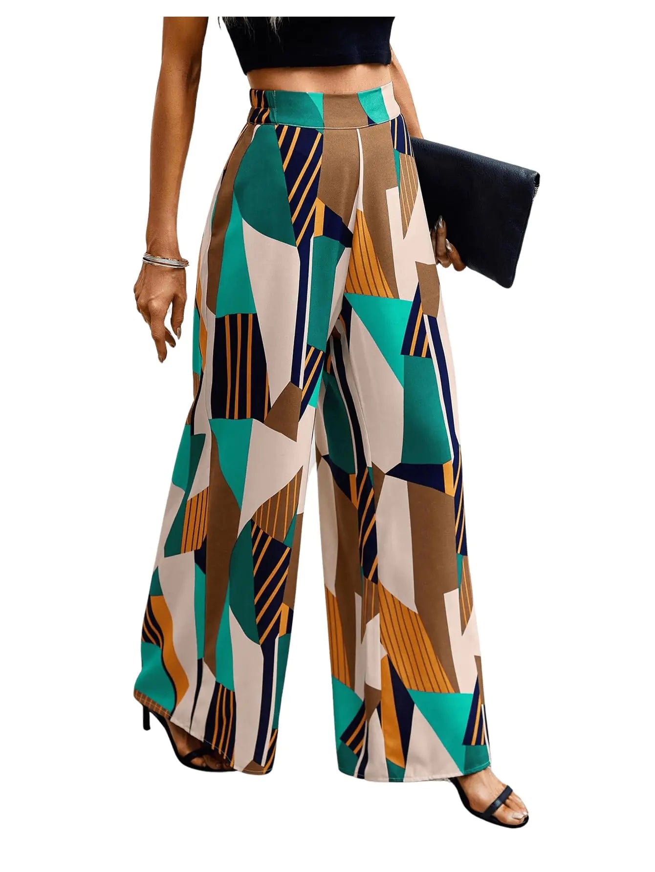 Womens High Waist Print Wide Leg Pants Boho Loose Casual Long Palazzo Fit Pants Trousers